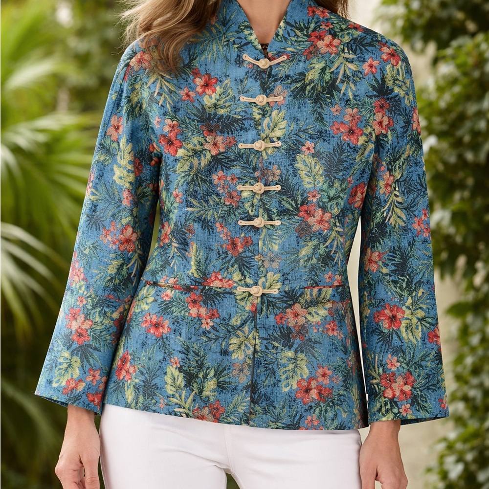 Blue Floral Mandarin-Collar Blazer